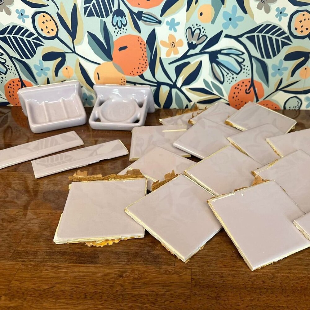 Vintage 19pc MCM Porcelain Tile Bathroom Accessory Set Purple Lavender Lilac